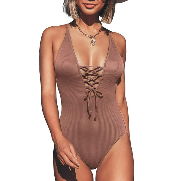 CUPSHE Womens Solid Color V Neck Lace Up One Piece Swimsuit 